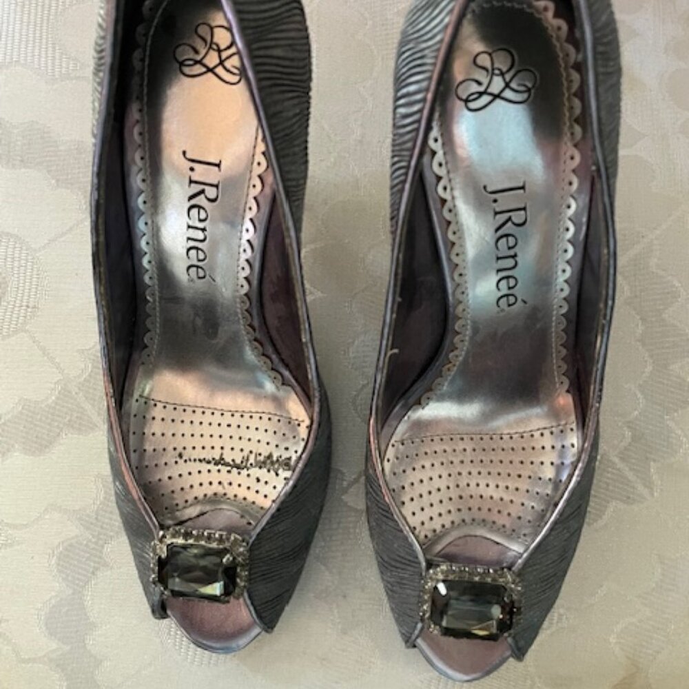 Size 4 J. Renee Grey/Silver heel  3.5" open toe leather dress heels